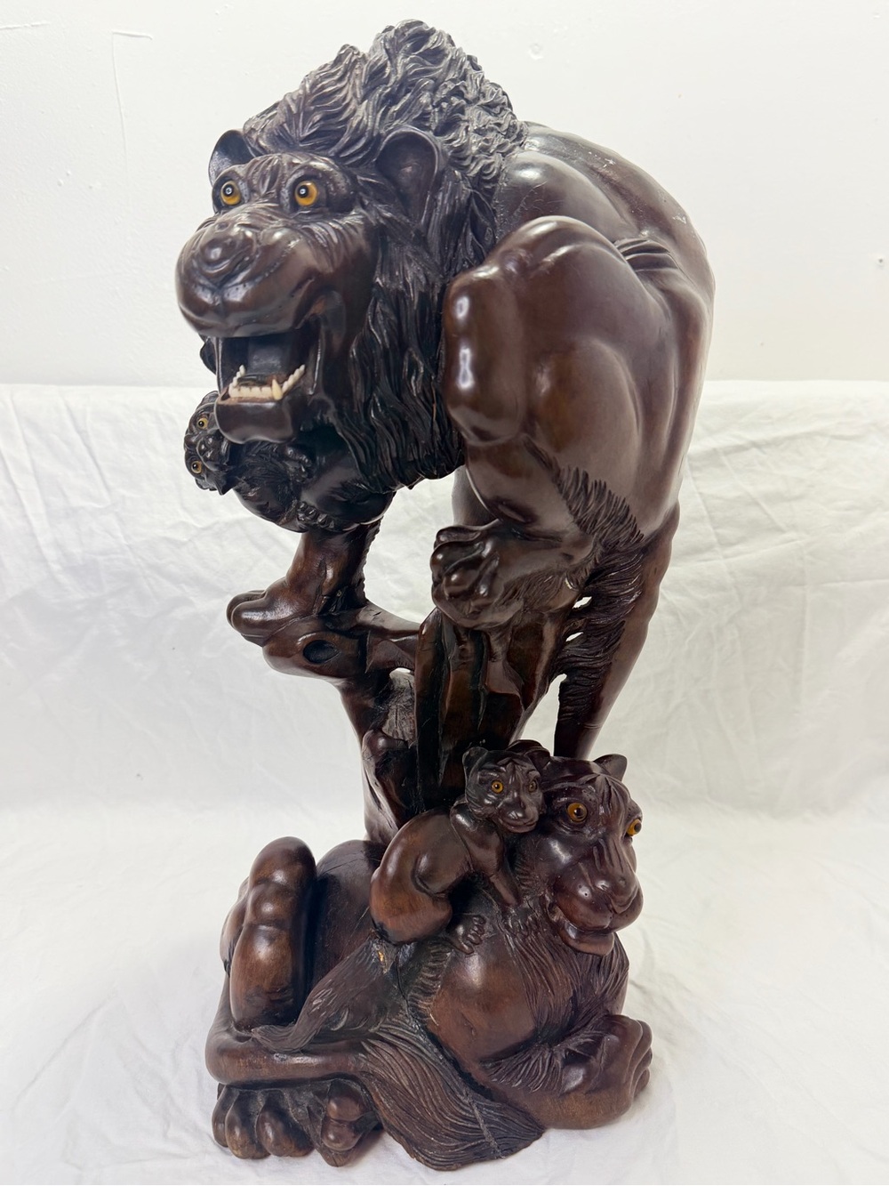Vintage Japanese Style Carved Solid Wood Lion Family Okimono 17” Glass Eyes
